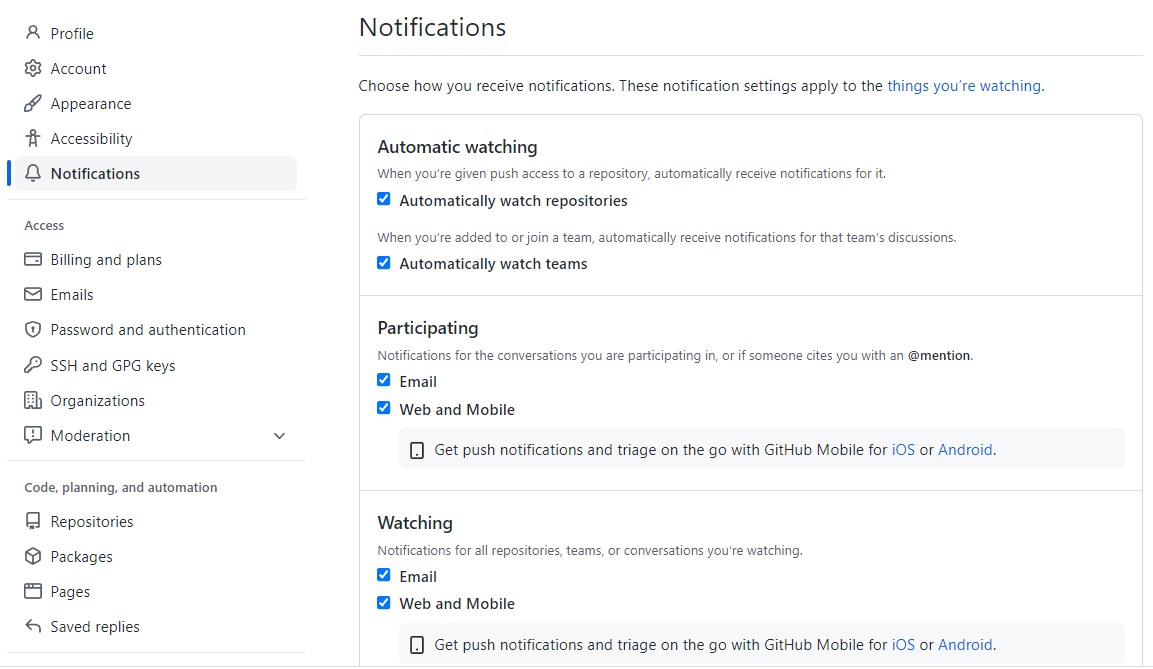 GitHub notification settings